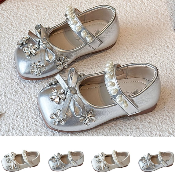 Kids Princess Flats Rhinestone Flower Bow Decor Mary Jane Shoes Pearl Soft Sole PU Leather Princess Footwear for Daily Wear/Wedding/Party/Birthday Silver 34
