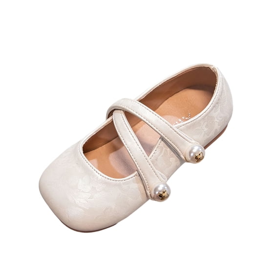 Kids Princess Mary Jane Ballet Flats Square Toe Cross Pearl Strap Dress Shoes Soft Comfort Non Slip Fashion Flat Shoes for Wedding Party Beige 27