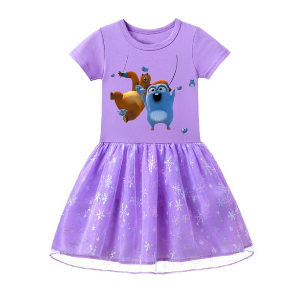 Kids' Princess Style Grizzly And The Lemmings Cotton Tulle Dress: Short Sleeves and Adorable Graphic Prints for Girls