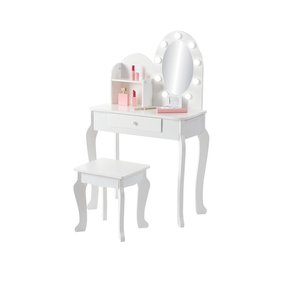 Kids Princess Vanity Set, Little Girl Pretend Play Make Up Vanity Table and Stool with Lighted Mirror, Makeup Playset, Storage Drawer, White Makeup Dressing Desk for Girls