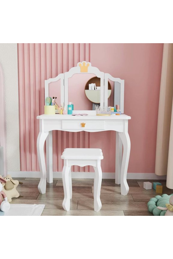 Kids Princess Vanity Table and Chair Set, Kids Vanity Set with Drawer & Tri-Folding Mirror, 2 in 1 Makeup Dressing Table with Detachable Top for Girls