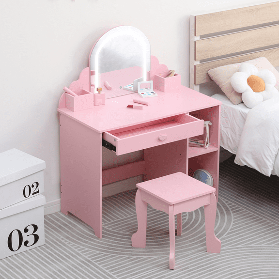 Kids Princess Wooden Vanity Table Set – Lighted Mirror + Matching Stool, Makeup Desk with Drawer, Open Storage Shelves & Cubbies (Perfect for Little Girls’ Bedroom)