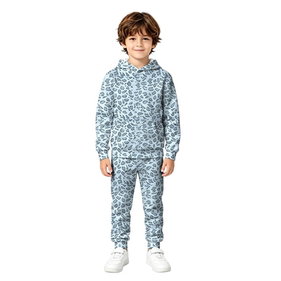 Kids Printed Hooded Long Sleeve Top and Pants Set, Fashionable Casual Two Piece Outfit, Comfortable Playwear for Boys Girls Daily Wear