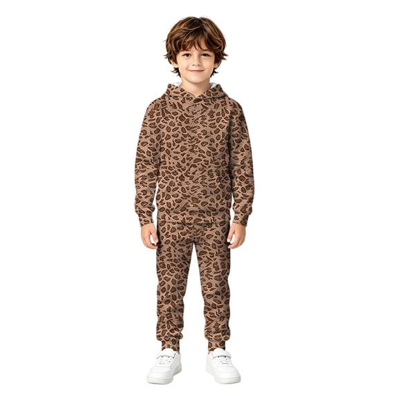 Kids Printed Hooded Long Sleeve Top and Pants Set, Fashionable Casual Two Piece Outfit, Comfortable Playwear for Boys Girls Daily Wear