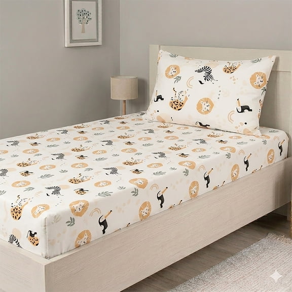 Top Cotton 2 Piece Twin Sheet Set, 100% Cotton Sheets with Deep Pockets, Kids Twin Fitted Sheet & Pillow Case, Breathable & Crisp Percale Weave (Jungle Safari)