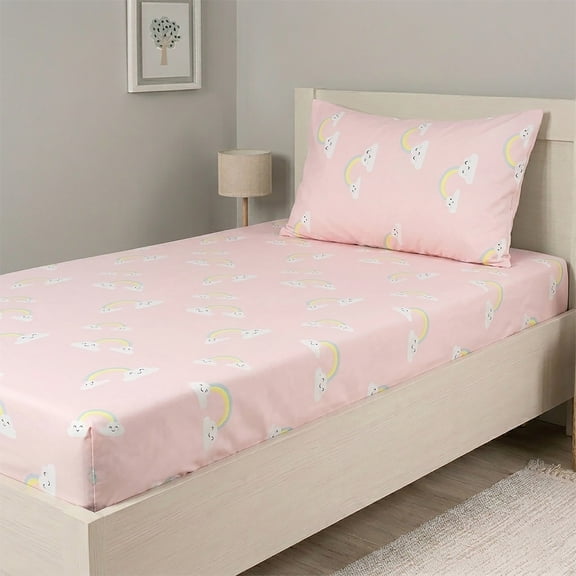 Top Cotton 2 Piece Twin Sheet Set, 100% Cotton Sheets with Deep Pockets, Kids Twin Fitted Sheet & Pillow Case, Breathable & Crisp Percale Weave (Rainbow)