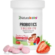 NaturalSlim NaturalKids Probiotics for Kids Digestive Health, Immune Support & Kids Gut Health Supplements with 5 Billion CFU for Children Age 3 Up - Strawberry Flavor 60 Chewable Probiotic Tablets
