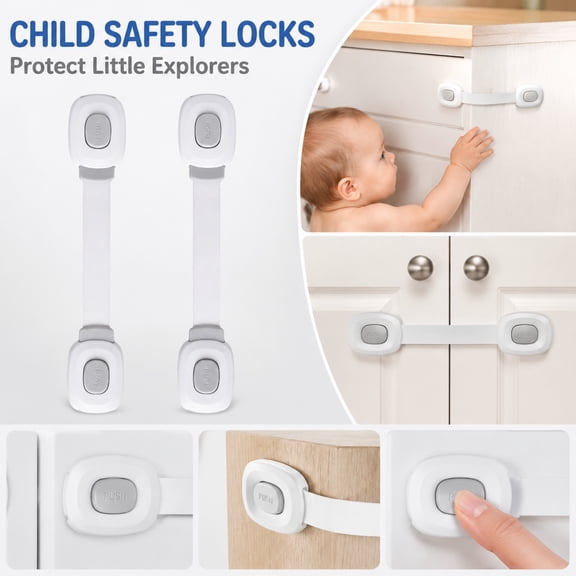 Kids Proof Cabinet Lock Set, Door Locks for Student Safety, Door Latches, Plastic Drawers for Cabinets, 2 Pack 8X2 in Easy Push Button Anti-Hand Pinch Drawer Lock Clips,