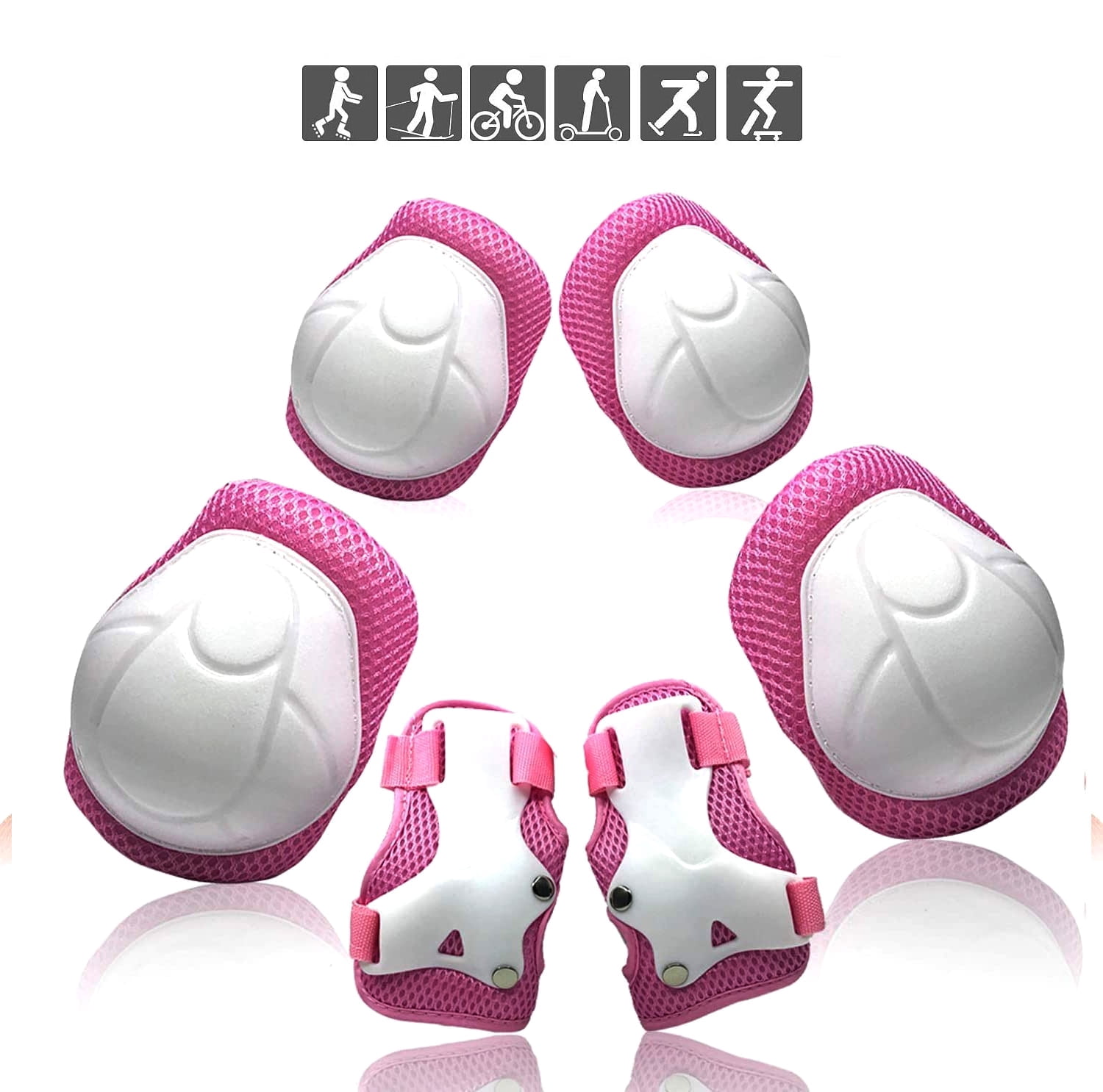 Rirool Pink and White Kids Protective Gear Set, 6-Piece Knee Pads, Elbow Pads and Wrist Guards with Adjustable Straps for Ages 3-10, Roller Skating, Skateboardi