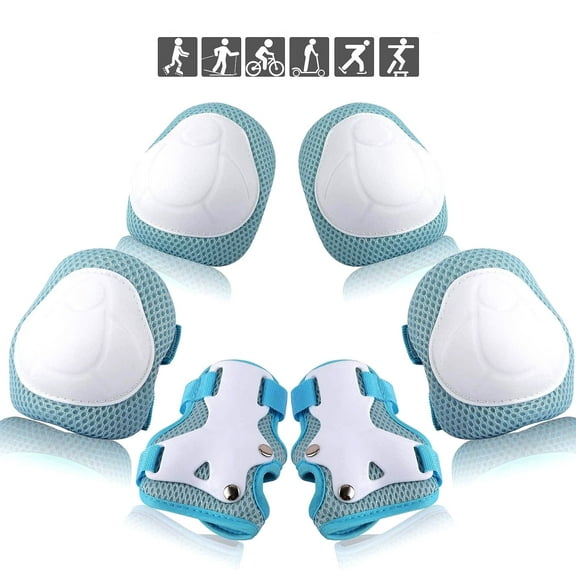 Qishi 3-in-1 Kids Knee/Elbow/Wrist Guards (3-8Y) for Skate/Bike/Scooter/Rollerblading-Lightblue