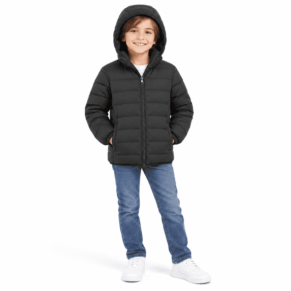 Kids Puffer Jacket for Boys Girls, Hooded Lightweight Warm Quilted Coat, Dark Gray Size 12-14