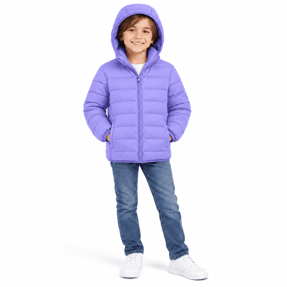 Kids Puffer Jacket for Boys Girls, Hooded Lightweight Warm Quilted Coat, Purple Size 8-10