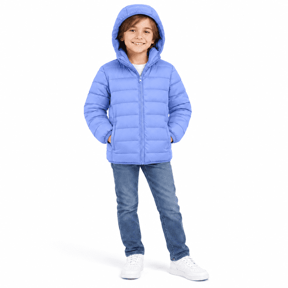 Kids Puffer Jacket for Boys Girls, Hooded Lightweight Warm Quilted Coat, Sky Blue Size 7-8