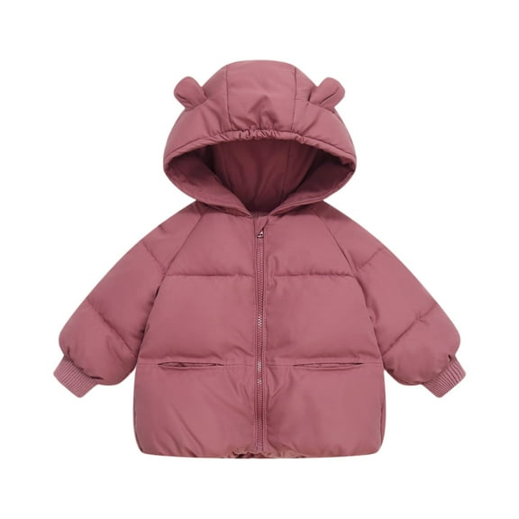 Kids Puffer Jacket with Hood and Bear Ears Winter Warm Outerwear for Boys and Girls Zipper Closure Soft Padding Style #B076 Red 120