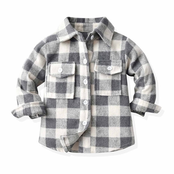 Flannel Shirts for Baby Boys Girls Long Sleeve Lapel Button Plaid Shirt with Pockets Casual Loose Blouses Tops Jackets Fall Winter Coat Outerwear Gray 18-24 Months
