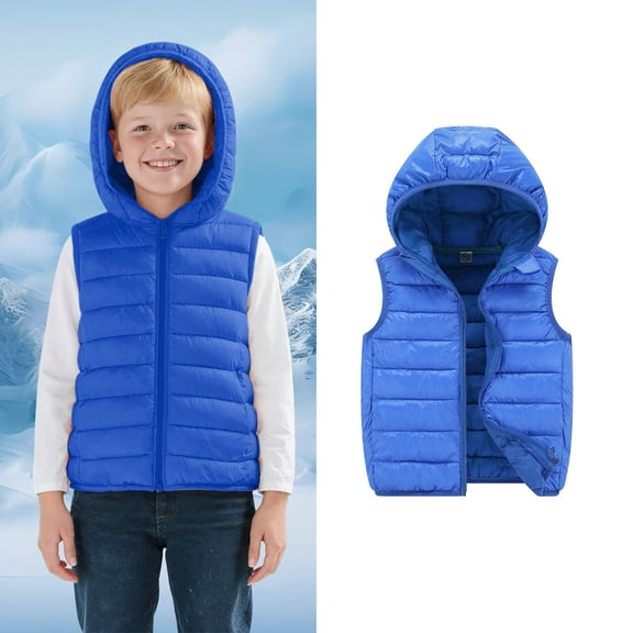 Kids Puffer Vest Hooded Jacket Blue Puffer Vest Full-Zip Sleeveless Lightweight Kids Puffer Jacket Kids Boys Winter Vest 4-5 Years