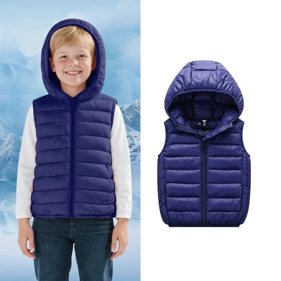 Kids Puffer Vest Hooded Jacket Boys Navy Vest Zip up Lightweight Sleeveless Windproof down Jacket Baby Girl Winter Coat 7-8 Years