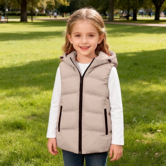 Kids Puffer Vest Hooded Jacket Khaki Puffer Vest Zipper Lightweight Windproof Sleeveless Outwear Girl Vest 6-7 Years