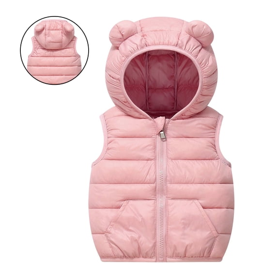 Kids Puffer Vest Hooded Jacket Pink Down Vest Zipper Sleeveless Bear Ears Lightweight Boys Puffer Jacket Vest for Girls 5-6 Years