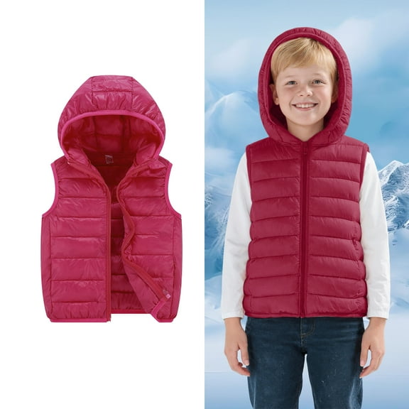 Kids Puffer Vest Hooded Jacket Pink Vest Kids Zipper Sleeveless Lightweight Jacket Baby Girl Winter Coat 5-6 Years