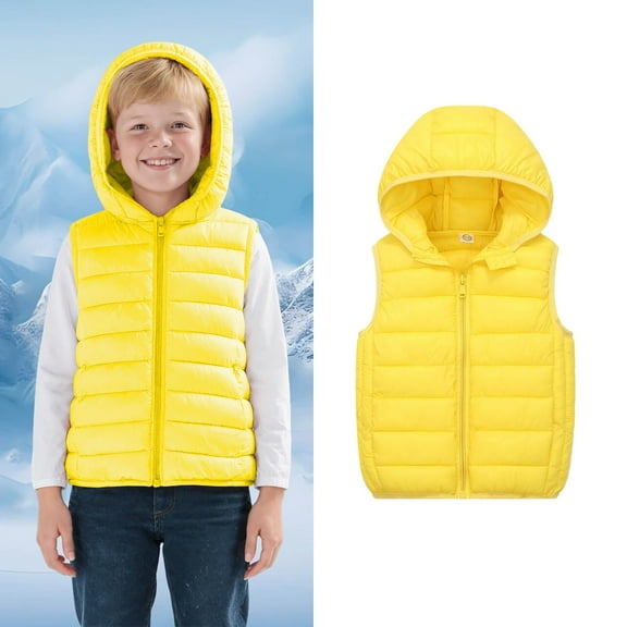 Kids Puffer Vest Hooded Jacket Yellow Vest Kids Zip up Lightweight Sleeveless Windproof down Jacket Boys Winter Vest 8-10 Years