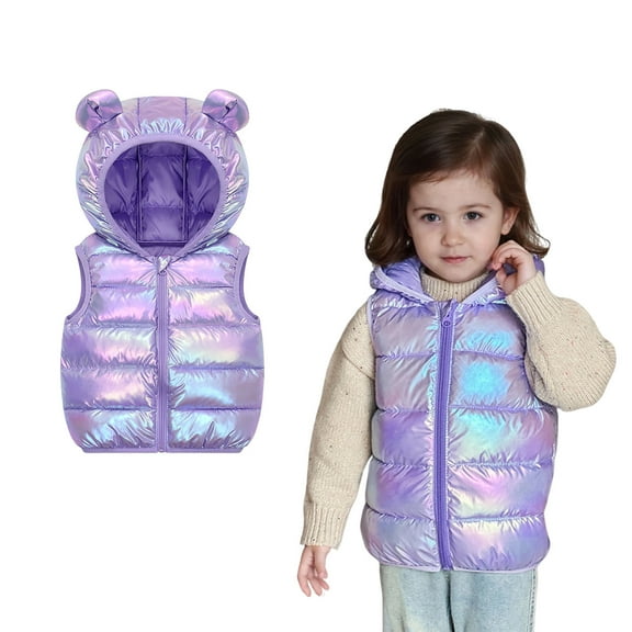 Kids Puffer Vest Hooded Purple Vest Kids Zipper Lightweight Sleeveless Bear Ears Windproof down Jacket Boys Vests 5-6 Years