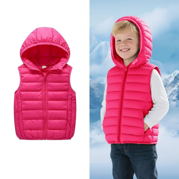 Kids Puffer Vest Hooded Red Puffer Vest Full-Zip Sleeveless Lightweight Jacket Kids Boys Winter Vest 9-10 Years