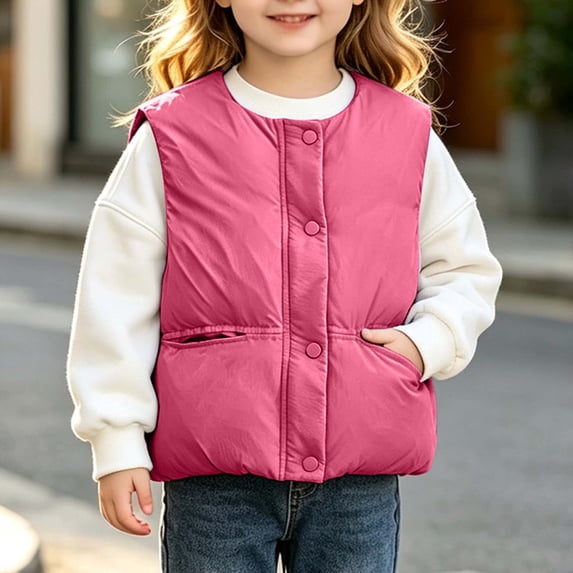 Kids Puffer Vest Sleeveless Button Front Round Neck Outerwear Gilet with Side Pockets for Boys Girls Hot Pink 6-7 Years