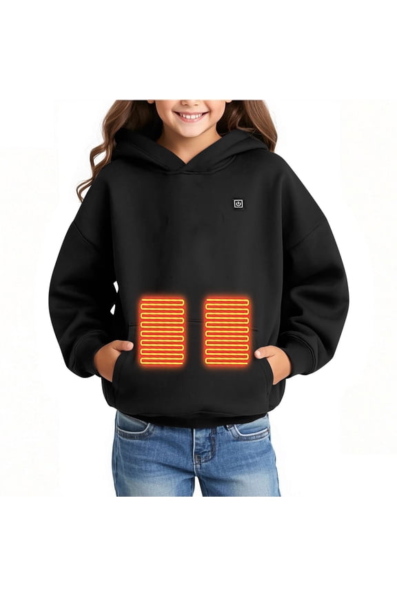 Kids Pullover Girls Boys Heated Hoodies Electric Heating Sweatshirts with Pocket Winter Warm Fleece Sweater Tops 13 T, Black