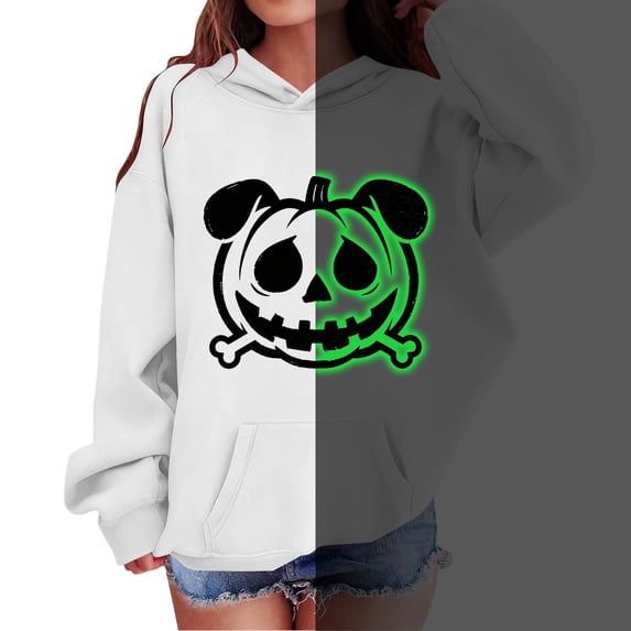 Kids Pullover Hoodie Sweatshirt for Boys Girls, Long Sleeve Glow‑in‑the‑Dark Halloween Wacky Print Loose Comfortable Casual Tops