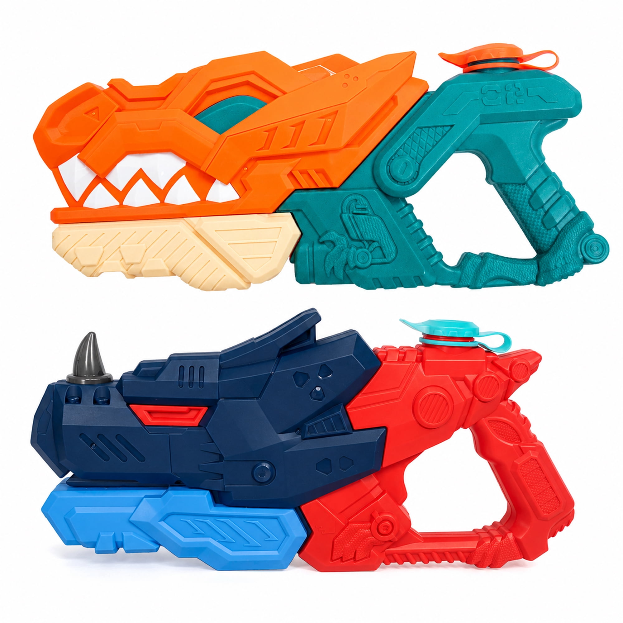 Kids Pump Action Water Blaster Toy 2-Pack, 1 Dino Style and 1 Rhino Style, Outdoor Squirt Toys for Pool, Beach, Backyard Summer Play, Ages 3+