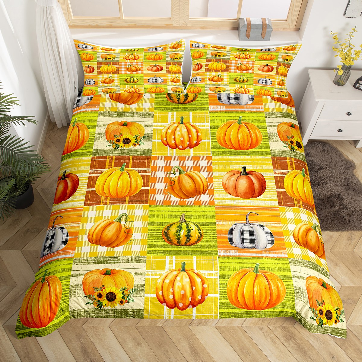 Kids Pumpkin Bedding Set Colorful Fall Decorations for Home Comforter