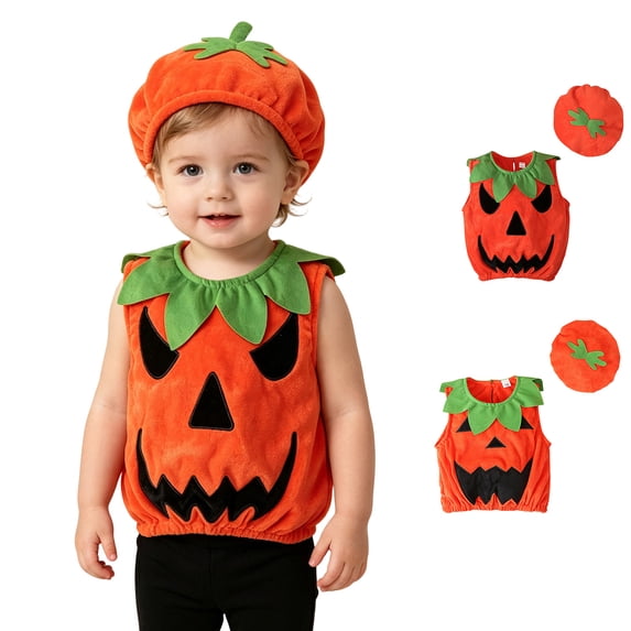 Kids Pumpkin Unisex Sleeveless Pumpkin Tops with Hats Two Piece Set Halloween Outfit Party Dress up Clothes Size 0-3 Years