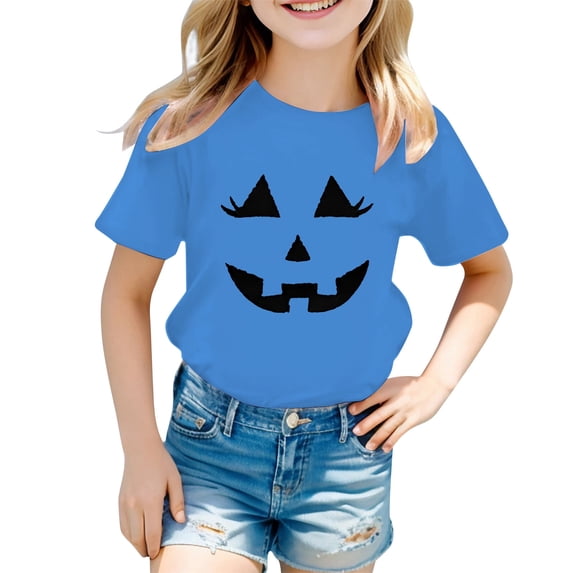 Kids Pumpkin Face T Shirt, Crew Neck Short Sleeve Tee, Cute Halloween Top for Boys and Girls
