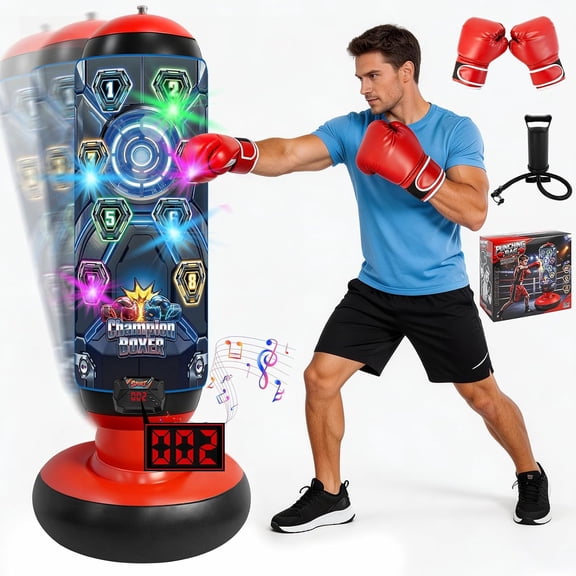 Kids Punching Bag with Gloves & Pump, Inflatable Boxing Set Electronic Music Boxing Bag & Lights, Freestanding Martial Arts Toy with 4 Smart Game Modes, Birthday Gift for Boys and Girls Ages 4-12