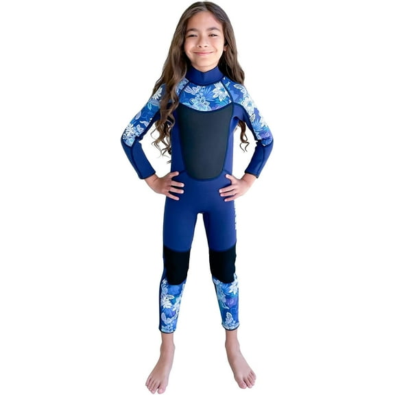 Kids Purple Flower Neoprene Wetsuit for Girls, 3mm Back Zip Thermal Full Body Wetsuit for a Variety of Water Sports - Size 8