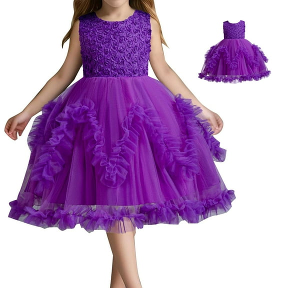 Kids Purple Girls Dress Ruffle Baby Girl Tulle Dress Girls Wedding Dress Little Girl Dresses 9-10Y