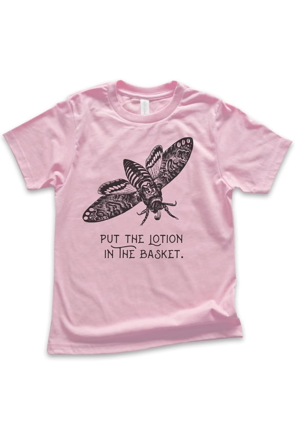 Kids Put The Lotion In The Basket Shirt, Youth Kids Boy Girl T-Shirt, Funny Halloween Horror Movie Graphic Tee, Light Pink, Large