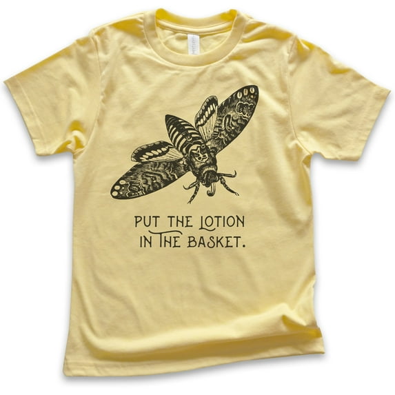 Kids Put The Lotion In The Basket Shirt, Youth Kids Boy Girl T-Shirt, Funny Halloween Horror Movie Graphic Tee, Yellow, Medium