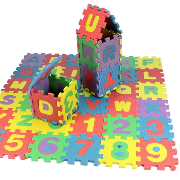 Kids Puzzle Alphabet, Numbers, 36 Tiles and Edges Play Mat, 10" by 10", Abc & 123