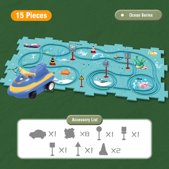 Kids Puzzle Track Car Toy Set with Sliding Car, 15Pieces Race Track for 3 4 5 6 Year Old Boys Gifts-Sea