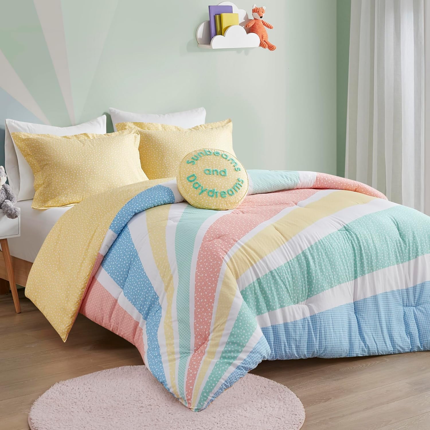 Full Yellow Rainbow Reversible Cotton Comforter Set with Pillow