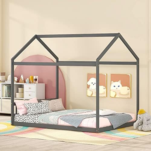 Kids Queen Size House Bed Frame, Wooden House Floor Bed With Headboard