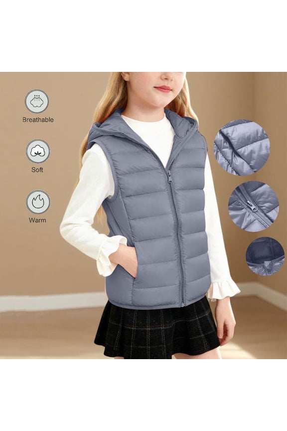 Kids Quilted Hooded Vest Lightweight Boys Girls Zipper Warm Sleeveless Jackets Children's Casual Padded Outwear Gilet Waistcoat Gray 12Y