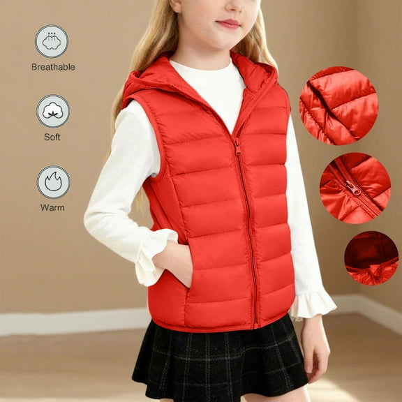 Kids Quilted Hooded Vest Lightweight Boys Girls Zipper Warm Sleeveless Jackets Children's Casual Padded Outwear Gilet Waistcoat Orange 12Y