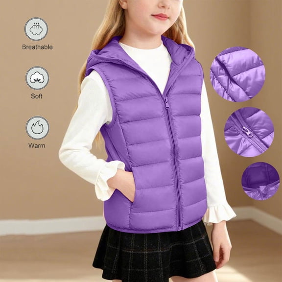 Kids Quilted Hooded Vest Lightweight Boys Girls Zipper Warm Sleeveless Jackets Children's Casual Padded Outwear Gilet Waistcoat Purple 7Y