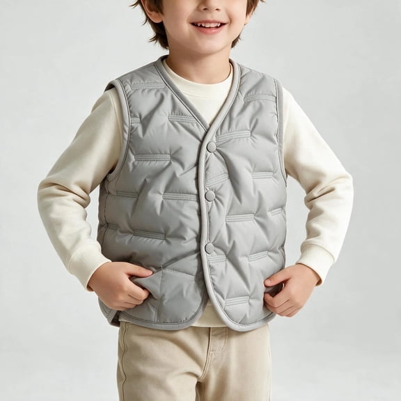 Kids Quilted Puffer Vest Sleeveless V Neck Button Front Lightweight Warm Outerwear for Boys Girls Fall Winter Layering School Daily Wear 3-4Years