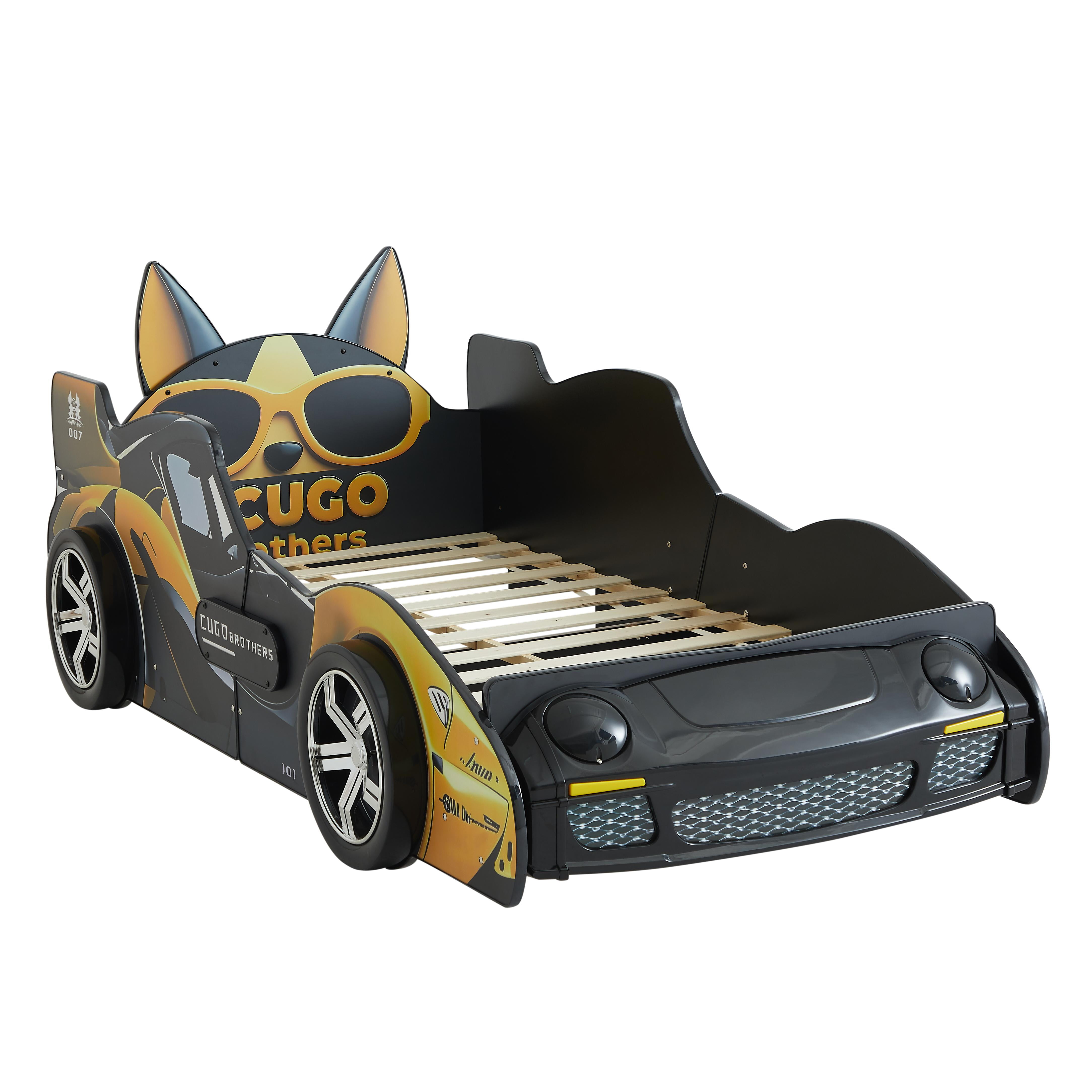Kids Race Car Bed Frame Twin Size - Cartoon Dog & LED Headlight Design, 250lb Weight Capacity, Easy Assembly Montessori Floor Bed for Toddlers,Blue