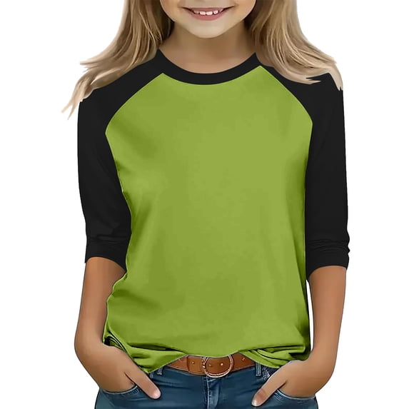 Kids Raglan 3/4 Sleeve T‑shirt Classic Crew Neck Pullover Tops Relaxed Fit Casual Layering Tee for Boys Girls Daily Wear School Outdoor Activities 150