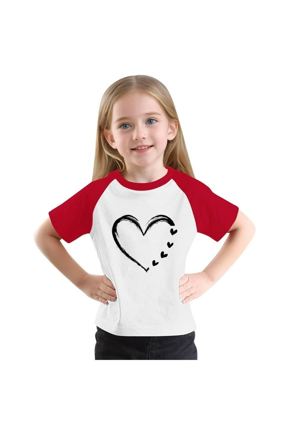 Kids Raglan T-Shirt, Boys Girls Cute Heart Printed Round Neck Short Sleeve Tee Tops 7Y